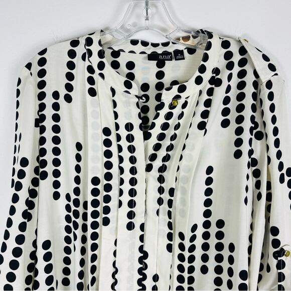 ANA cream black polka dot pleated preppy office button front blouse top medium - Picture 2 of 7